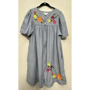 Go Softly Patio Dress Mumu Robe Medium Denim Chambray Zip Up Floral Embroidered